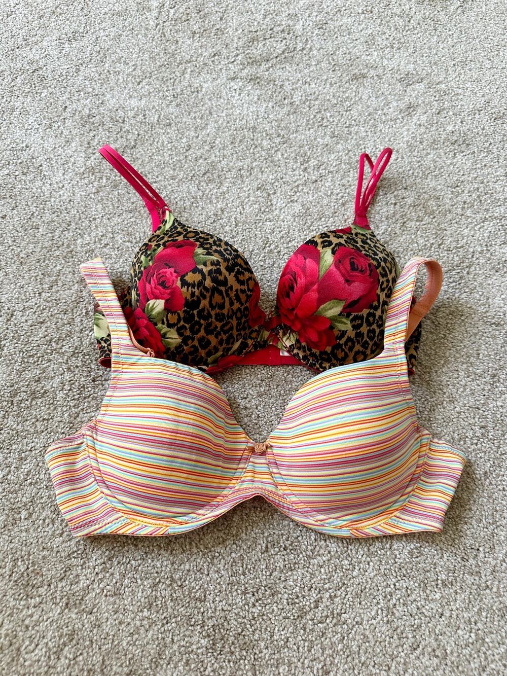 Victoria’s Secret Vintage Y2K 2000s Leopard Red Rose Striped Bra Lot Size 34C